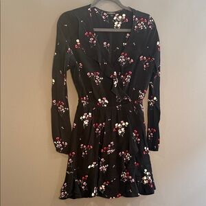 Express Black Floral Wrap Dress with Pink & Cream Accents